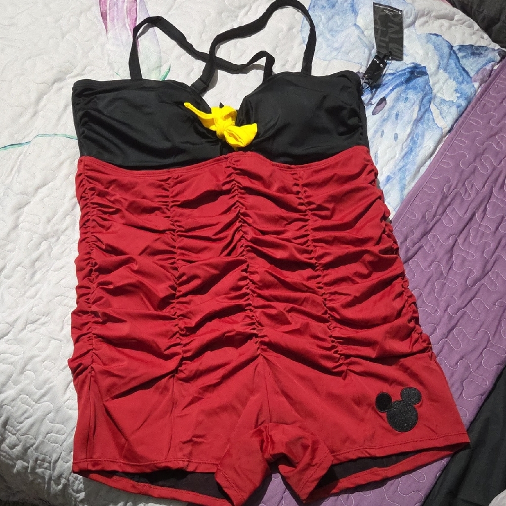 Torrid Mickey Mouse Red and Black Swimsuit with Yellow Accent